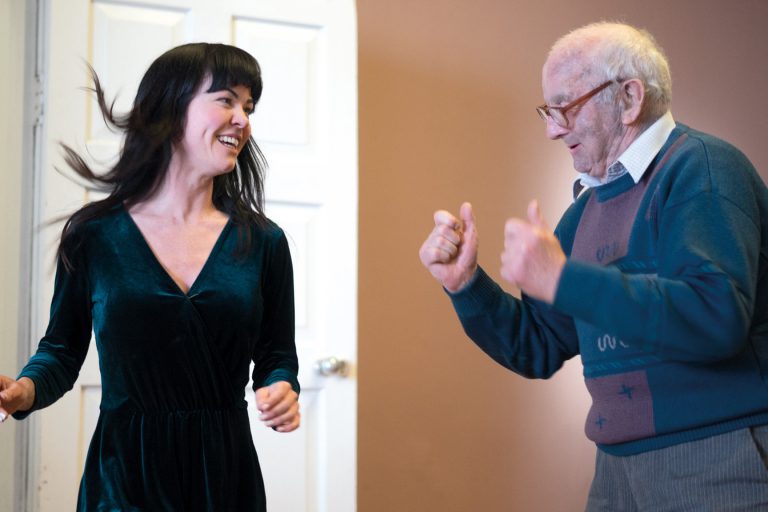 All-Ireland champion Sean-nós dancer Emma O’Sullivan, one of Galway’s most-loved street performers, joined by Stephen Murphy of St Francis Day Care Centre during her performance at Burning Bright, Galway Arts Centre’s programme for older people.