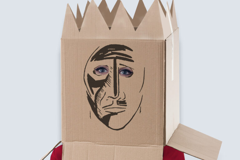 Figure with box on head with face drawn on